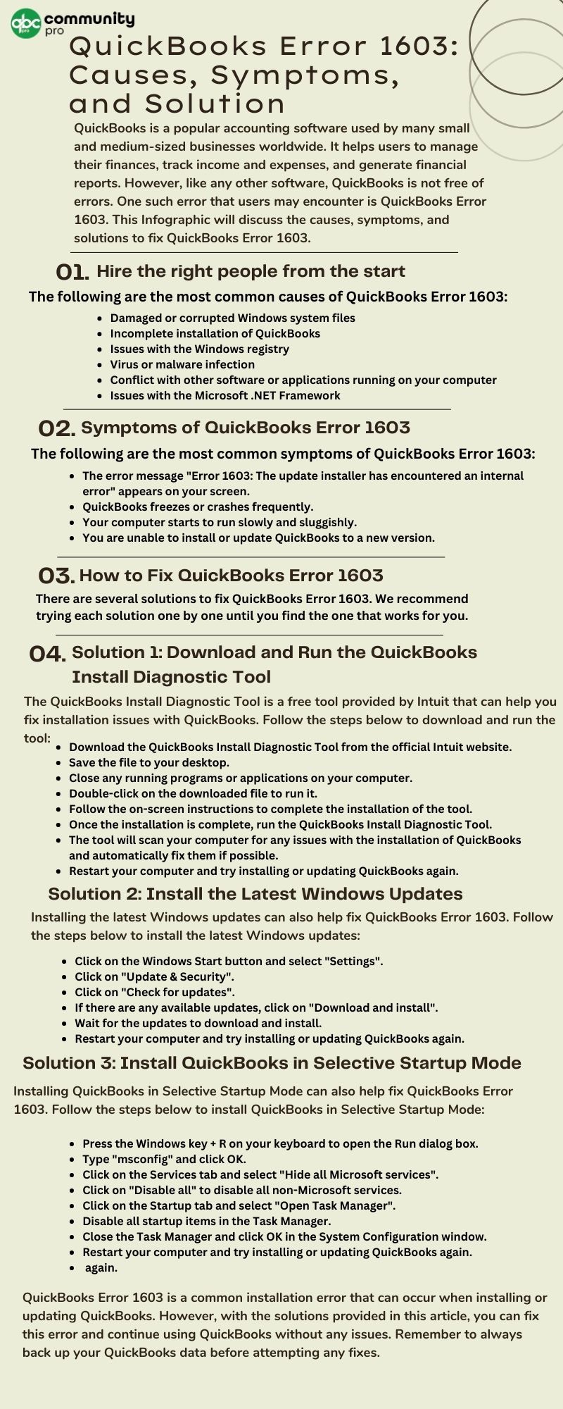 Image talking about the QuickBooks Error 1603 causes, symptoms, and solutions to fix.