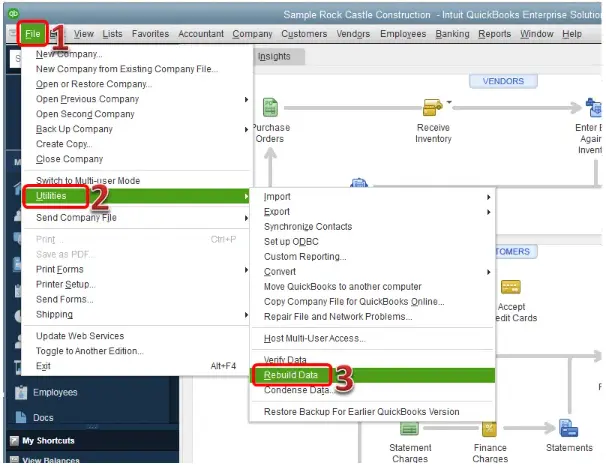 File menu > Utilities > Rebuild Data option