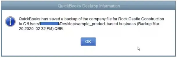 confirmation message displaying that QuickBooks has shaved a backup of the company file