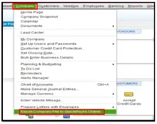 Click on the Export Company File to QBO option