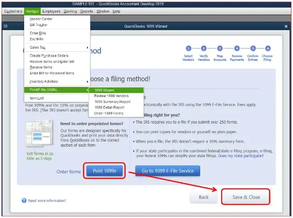 select option Print/E-file 1099 Forms in Vendors section.