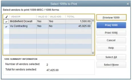 Select vendors to print 1099-MASC Forms